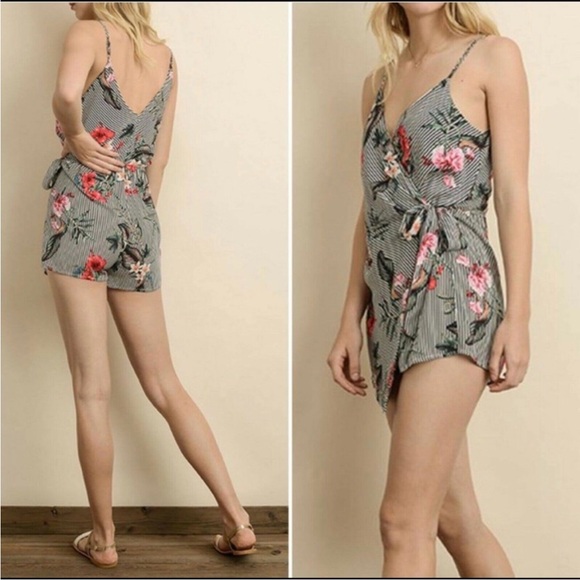 Dress Forum Pants - Dress forum wrap front shorts romper floral & stripe girly vacation boho resort